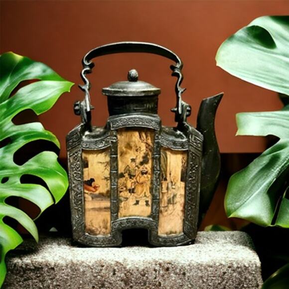 Antique Chinese Shantou Teapot & Tea Caddy-Lithograph Glass Panels-Metal-Asian - Picture 11 of 14